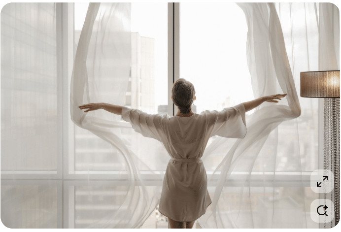 Woman opening curtains in flat
